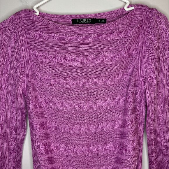 LAUREN RALPH LAUREN Cable Knit Sweater Womens S Boat Neck Purple Round Hem - Picture 3 of 5